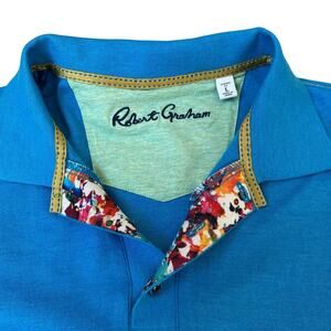 Robert Graham Polo Shirt Men LARGE Blue Embroidered Rainbow Collar Short Sleeve
